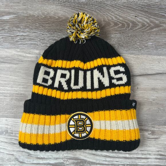 Boston Bruins ’47 Brand Knit Pom Beanie Black Yellow White OSFA Acrylic NHL Hat - Picture 1 of 6